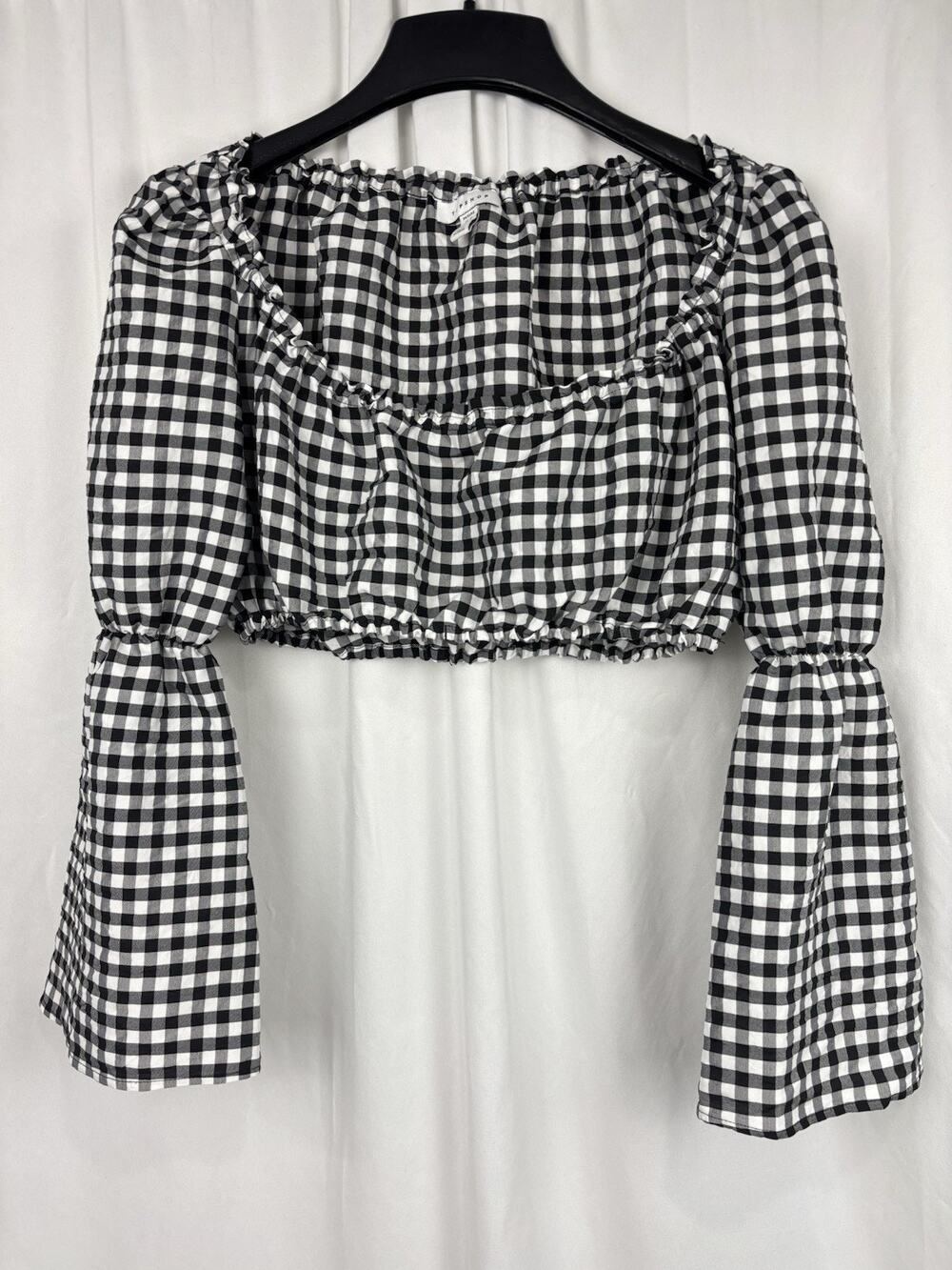 Topshop Women’s 6 Cropped Gingham Top Plaid Bell Sleeve Elastic Cottagecore Y2K